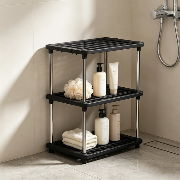 yulier 3-Tier Plastic Storage Shelves, Home Dorm Standing Shelf Unit, Bathroom Kitchen Pantry Laundry Storage Rack Sturdy Shelf Organizer, Black