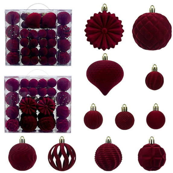 yulier 48 Pcs Velvet Christmas Balls Ornaments Set, Shatterproof Plastic Flocked Baubles Balls Xmas Tree Hanging Ornaments Xmas Holiday Party Decor, Red