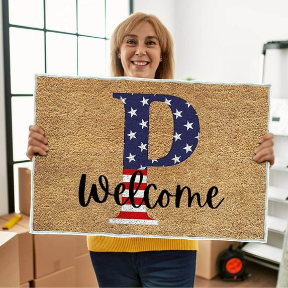 yulier 4th of July Monogram Letter Welcome Door Mat, 26 Initial Letter Front Door Mat, Independence Day Patriotic Doormat, Indoor Outdoor Entrance Floor Mat Front Porch Rug, 23.62 X 15.75in