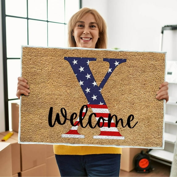 yulier 4th of July Monogram Letter Welcome Door Mat, 26 Initial Letter Front Door Mat, Independence Day Patriotic Doormat, Indoor Outdoor Entrance Floor Mat Front Porch Rug, 23.62 X 15.75in