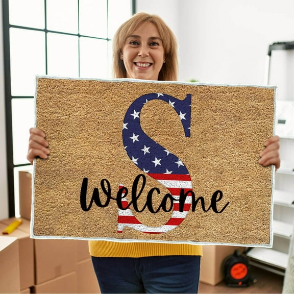 yulier 4th of July Monogram Letter Welcome Door Mat, 26 Initial Letter Front Door Mat, Independence Day Patriotic Doormat, Indoor Outdoor Entrance Floor Mat Front Porch Rug, 23.62 X 15.75in