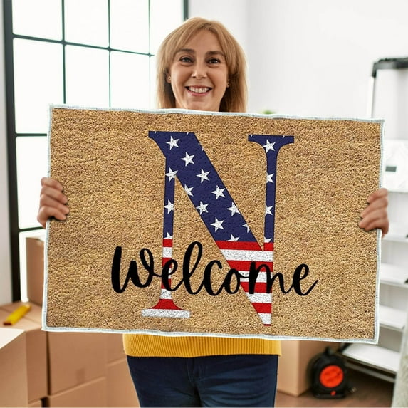 yulier 4th of July Monogram Letter Welcome Door Mat, 26 Initial Letter Front Door Mat, Independence Day Patriotic Doormat, Indoor Outdoor Entrance Floor Mat Front Porch Rug, 23.62 X 15.75in