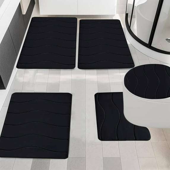 yulier 5 Piece Bath Mat Set , Super Soft Memory Foam Toilet Bathroom Rug Set - 2 Bath Rug 1 Bath Mat 1 U-Shaped Contour Toilet Rug 1 Toilet Lid Cover - Non Slip Absorbent (Black)