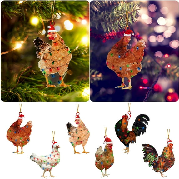 yulier 6 Pcs Chicken Christmas Ornament Acrylic Chicken with Christmas Hat Pendant Holiday Party Christmas Tree Decorations Rooster Hanging Pendant Gift