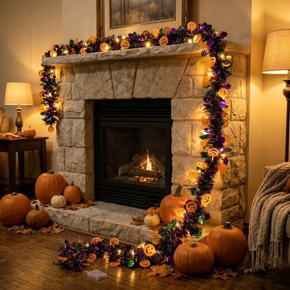 yulier 9.84Ft Halloween LED Light Tinsel Garland, Pumpkin Bats Spider and Web Shiny Metallic Twist Foil Tinsel Garland for Mantel Door Halloween Party Decoration Home Indoor Outdoor