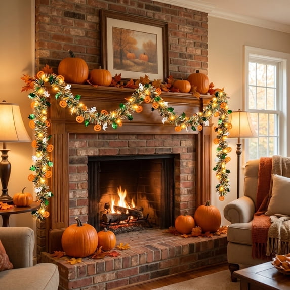 yulier 9.84Ft Halloween LED Light Tinsel Garland, Thanksgiving Pumpkin Ghost Shiny Metallic Twist Foil Tinsel Garland Hanging Holiday Decorations for Home Indoor Outdoor