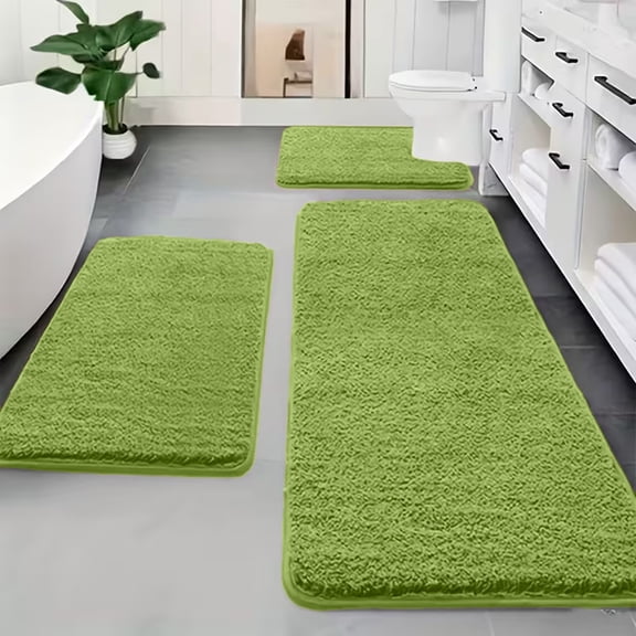 yulier Bathroom Rug Set 3 Pieces, Shaggy Soft Plush Bathroom Rug Bath Mat U-Shaped Contour Toilet Mat, Non-Slip Absorbent Bath Rugs for Bathroom Floor, Bathtub, Shower (Green)