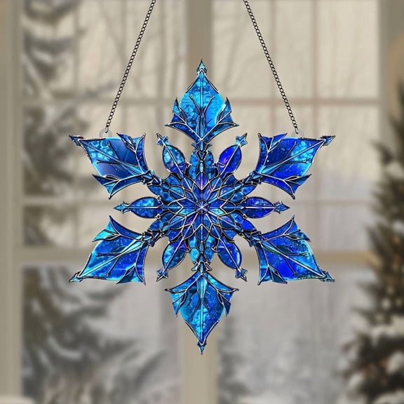 yulier Blue Snowflake Acrylic Christmas Snowflake Suncatcher Ornaments for Window Decor, Acrylic Suncatcher Window Hanging Decor, Christmas Tree Decorations, 7" x 8"