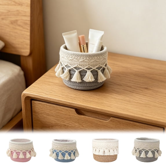 yulier Boho Woven Cotton Rope Storage Basket with Tassels, Small Round Organizer Bin for Bathroom Desk Cosmetics, Macrame Makeup Brush Holder, 4.7"x3.9"x3.9"