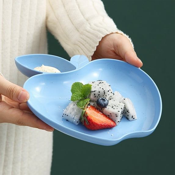 yulier Chips and Dip Plates, Apple Shaped Wheat Straw Plates, Plastic Serving Platter for Party, Divided Snack Plates Dishes, Dumpling Plates with Sauce Compartment, Blue