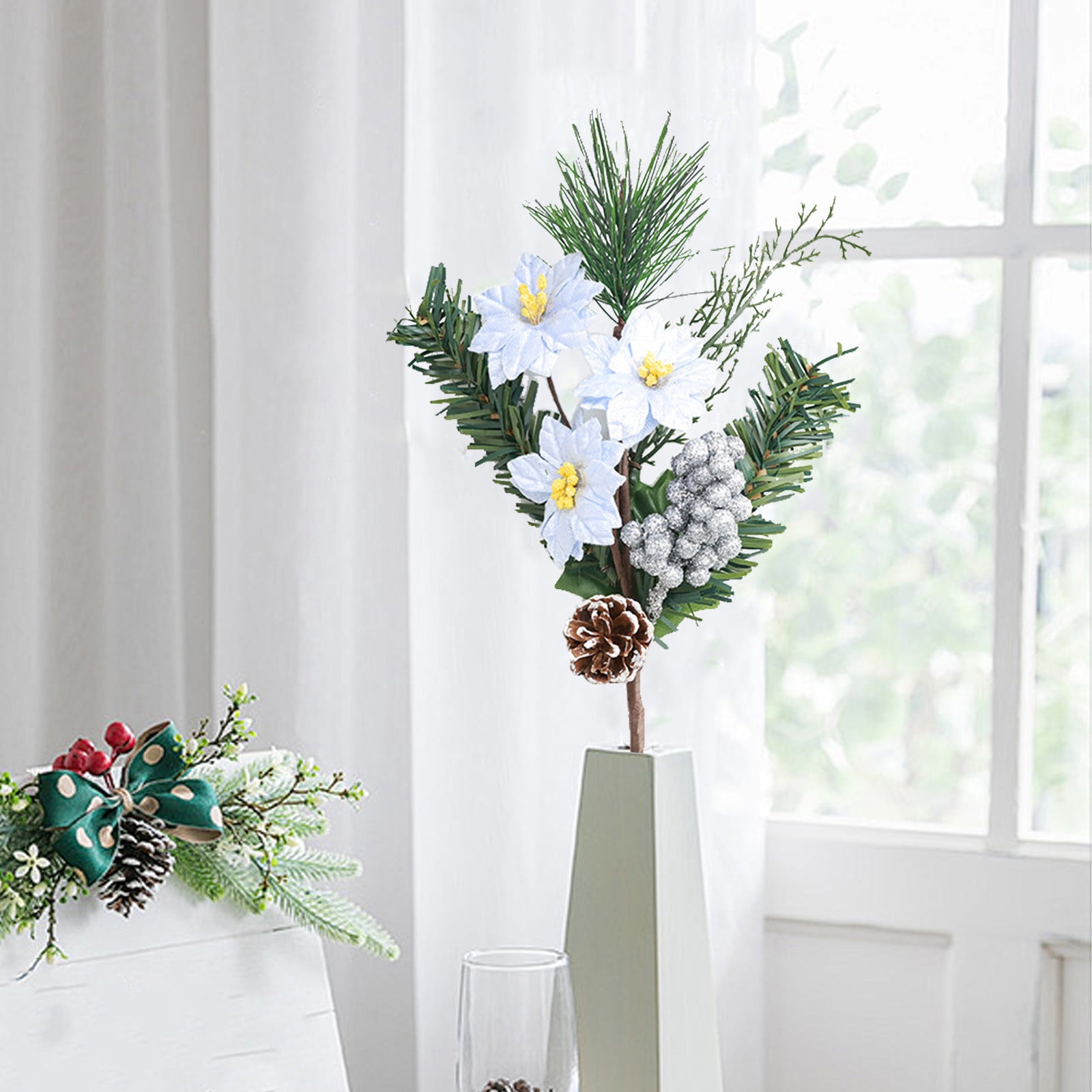 yulier Christmas Artificial Flowers Pine Branches Poinsettia Berries ...