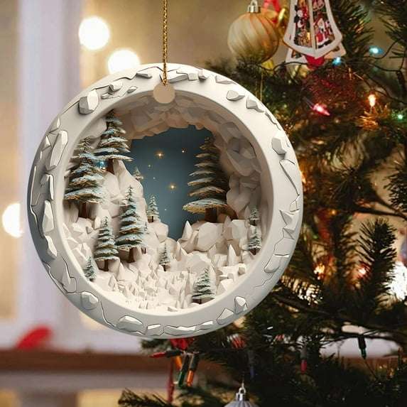 yulier Christmas Decorations Large 7.87 inch Round Acrylic Hanging Sign Christmas Winter Forest House Snow Scene Hanging Pendant Ornaments with Chain Wall Decor Christmas Gifts