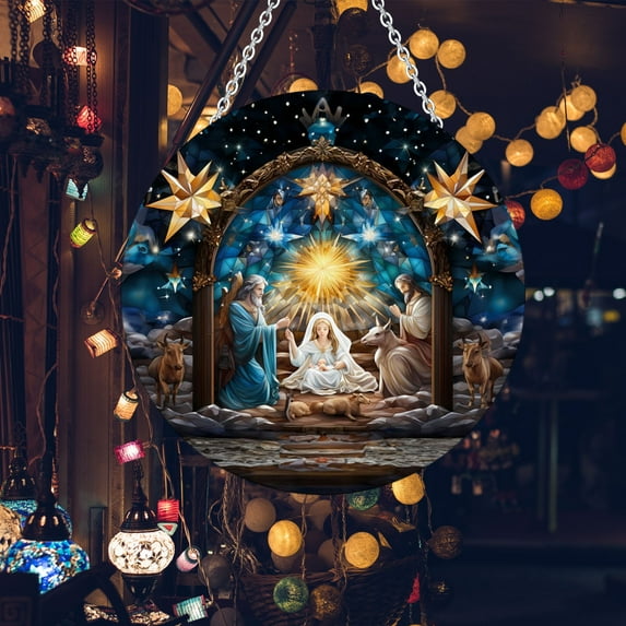 yulier Christmas Nativity Scene Ornaments, Religious Christmas Decorations 7.87" Round Acrylic Hanging Sign for Wall Front Door Porch Indoor Outdoor Christmas Tree Decor