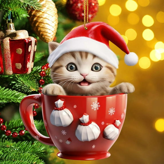 yulier Christmas Tree Ornament, Cute Cat Christmas Ornament, 2D Acrylic Hanging Pendant Ornaments for Christmas Tree Car Home Decor, Holiday Party Christmas Gifts