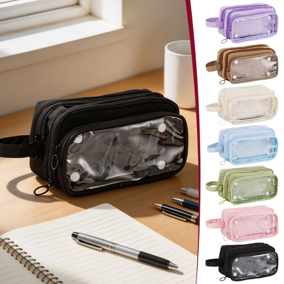 yulier Clear Window Pencil Case, Large Capacity Multi Compartment Pencil Pouch with Handle, Portable Pen Bag for Office Stationery Storage, Black