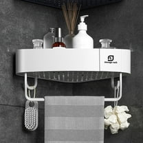 yulier Corner Shower Caddy, Plastic Bathroom Organizer with 2 Hooks and Towel Rack, Kitchen Sink Caddy Organzier, Wall Mounted Storage Rack, White