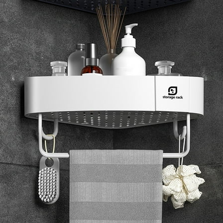 yulier Corner Shower Caddy, Plastic Bathroom Organizer with 2 Hooks and Towel Rack, Kitchen Sink Caddy Organzier, Wall Mounted Storage Rack, White