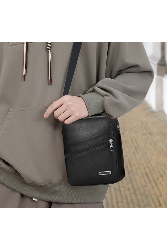 Crossbody Bag for Men , Men's Small Leather Sling Shoulder Bag, Zipper Pocket Shoulder Sling Handbag Cell Phone Purse, Gift for Husband Father Son, Black