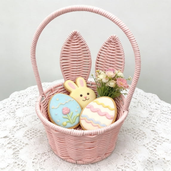 yulier Easter Bunny Basket, Imitation Wicker Rattan Woven Easter Storage Basket with Cute Rabbit Ears and Handle, Easter Decorations Easter Eggs Gift Basket, Pink