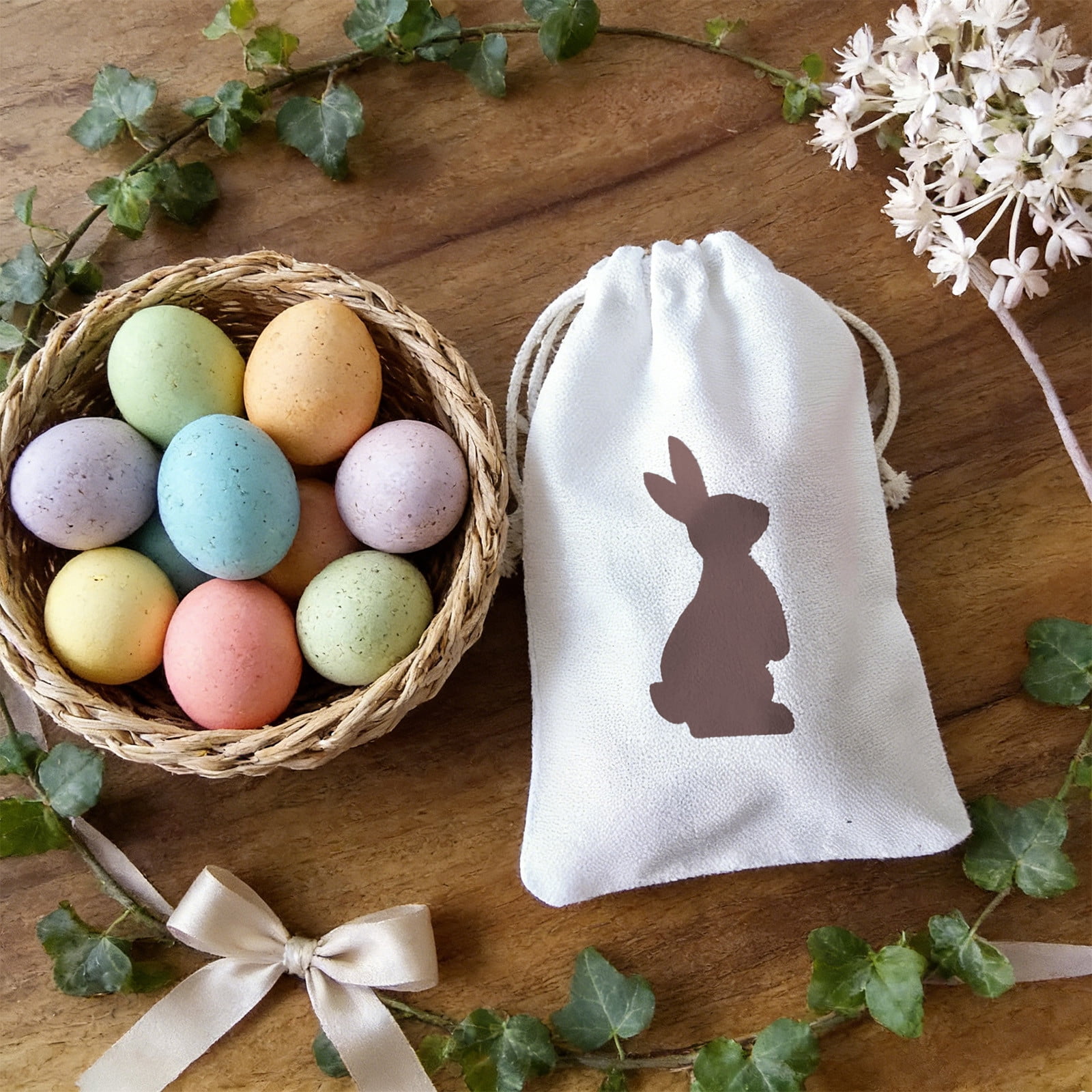 yulier Easter Bunny Gift Bag, Easter Candy Bag, Easter Drawstring Bag, Fabric Gift Pouch for Candy, Easter Party Favors