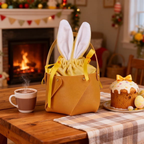 yulier Easter Bunny Gift Bag with Handle, Easter Candy Bag, Easter Bunny Ear Drawstring Bag for Party Favors, Easter Decorations Party Supplies, Yellow