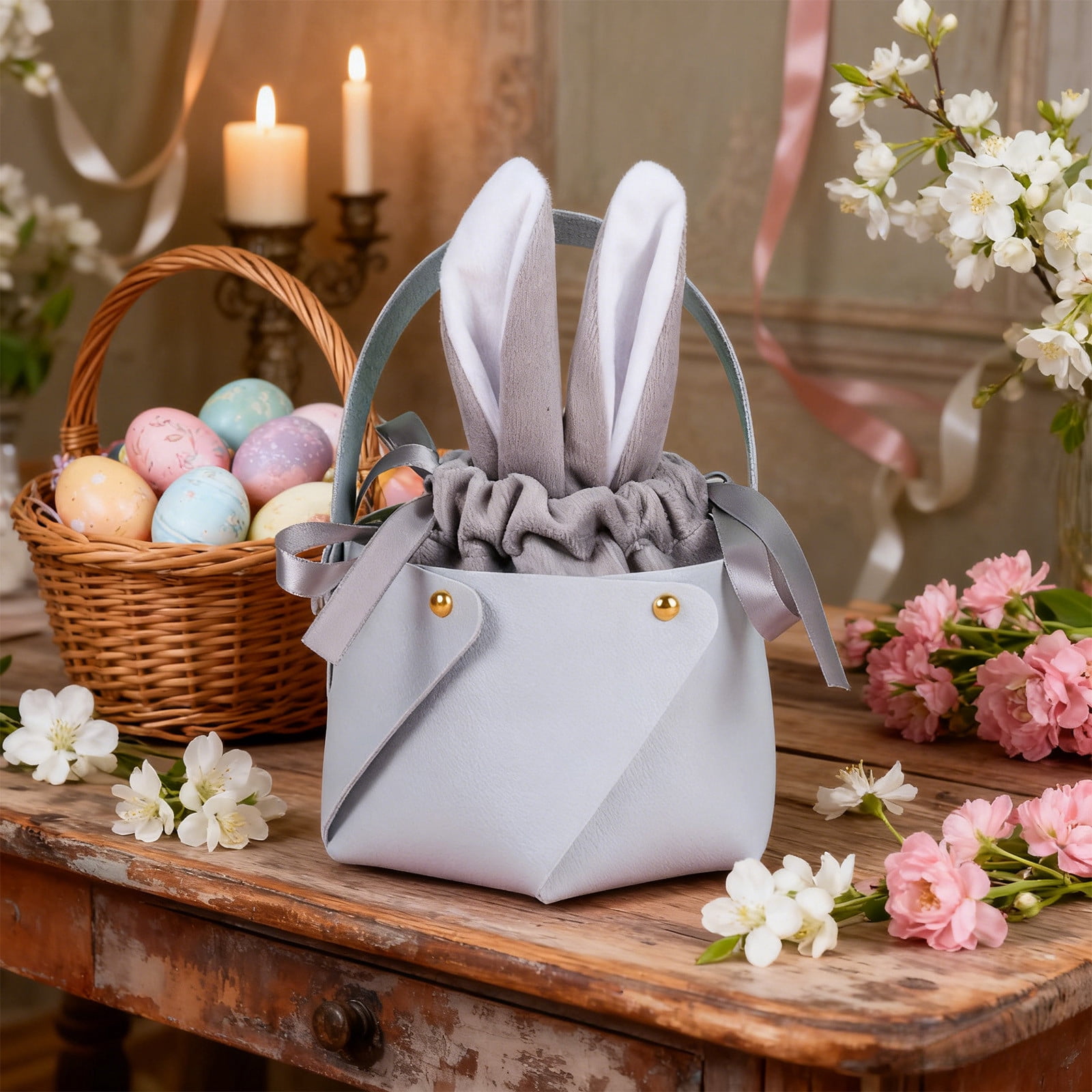 yulier Easter Bunny Gift Bag with Handle, Easter Candy Bag, Easter Bunny Ear Drawstring Bag for Party Favors, Easter Decorations Party Supplies, Gray