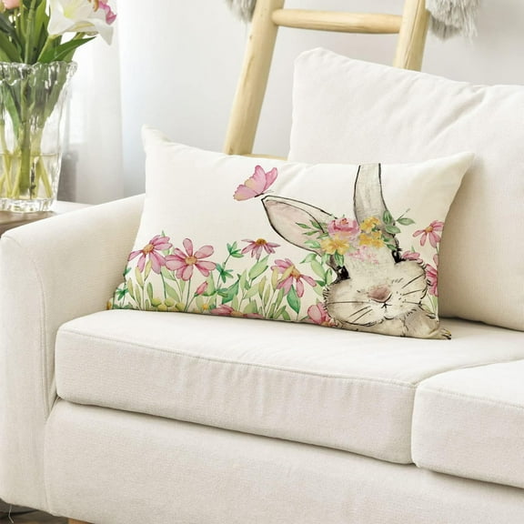 yulier Easter Bunny Lumbar Throw Pillow Covers, 12x20 Inch Spring Easter Rabbit Floral Cushion Case, Easter Decorations Retro Rectangle Pillowcase for Couch Sofa Bed Living Room Home Decor