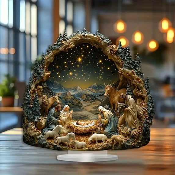 yulier Easter Decorations 2D Acrylic Nativity Scene Sign Tabletop Ornaments with Base, Easter Table Decor Religious Decorations for Home Office, Easter Gifts