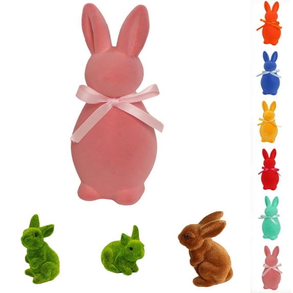 yulier Easter Decorations Flocked Bunny Figurines with Bow Tie, Cute Rabbit Tabletop Ornaments for Spring Home Office Table Decor Holiday Table Centerpiece