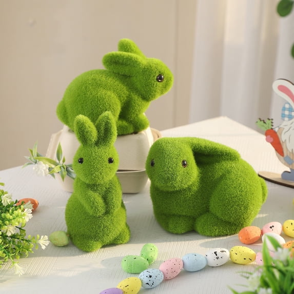 yulier Easter Flocked Bunny Figurines Set of 3, Green Artificial Moss Rabbit Statues Table Ornaments Easter Decorations Easter Party Gifts, Spring Tabletop Centerpiece, Garden Decor