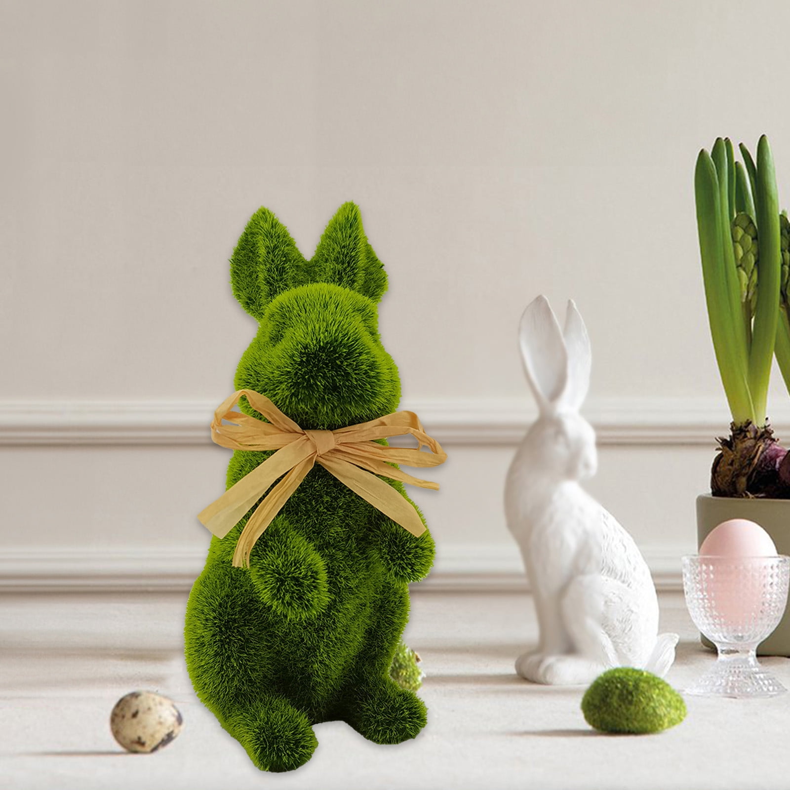 yulier Easter Flocked Bunny Ornaments, Green Faux Moss Bunny Statue ...