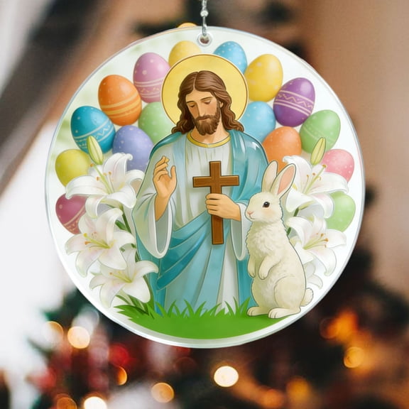 yulier Easter Scene Ornaments, Acrylic Jesus Nativity Scene Hanging Ornament, Easter Decorations Easter Eggs Bunny Birth of Jesus Pendant, Religious Gift for Family Friends