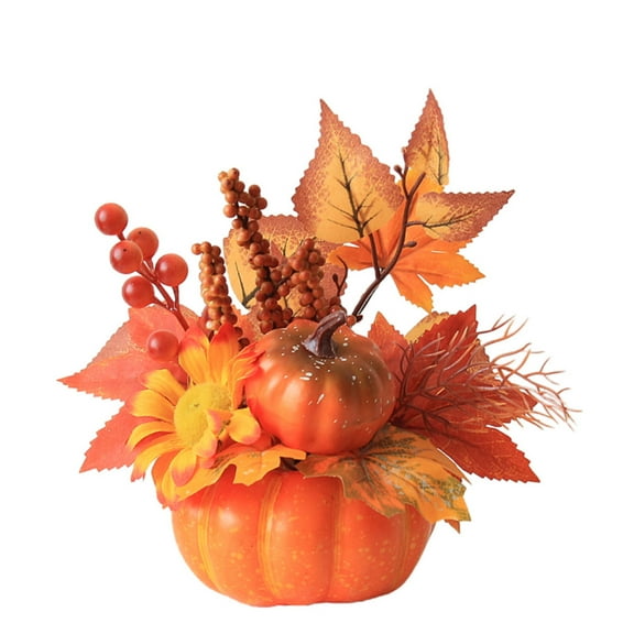yulier Fall Artificial Pumpkin Ornament with Maple Leaves Red Berries Fake Flowers, Table Centerpiece Halloween Decorations Thanksgiving Gifts Indoor Home Office Desk Decor, Orange