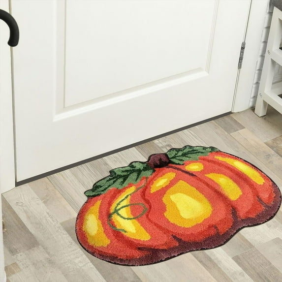yulier Fall Pumpkin Rug, Fall Decor Bath Mat Pumpkin Shape Bathroom Rug Non-Slip Soft Kitchen Mat Front Door Doormat Orange Floor Mat Thanksgiving Halloween Decorations, 24x16 Inch