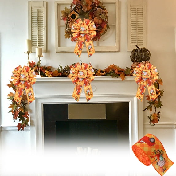yulier Fall Ribbon, 2.48"W Plaid Wired Edge Ribbon with Pumpkin Maple Leaf Pattern, Thanksgiving Theme Ribbon Roll Rustic Autumn Harvest Ribbon for Gift Wrapping, Making Wreath Bows
