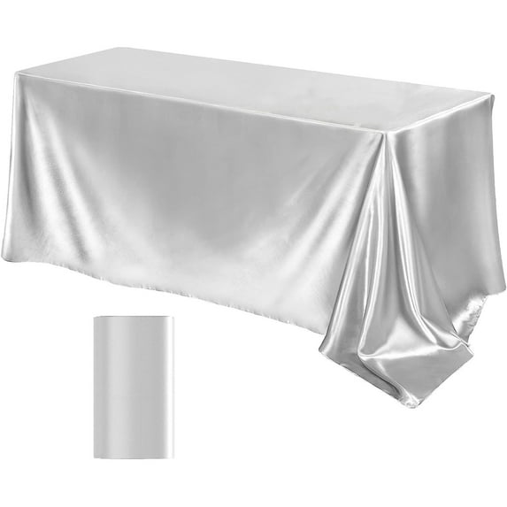yulier Glossy Satin Tablecloth 4.75x8.53ft Decorative Solid Color Silk Tablecloth for Wedding Banquet Party Christmas, Wrinkle Resistant Rectangle Table Cover, Can Be Cut, Silver