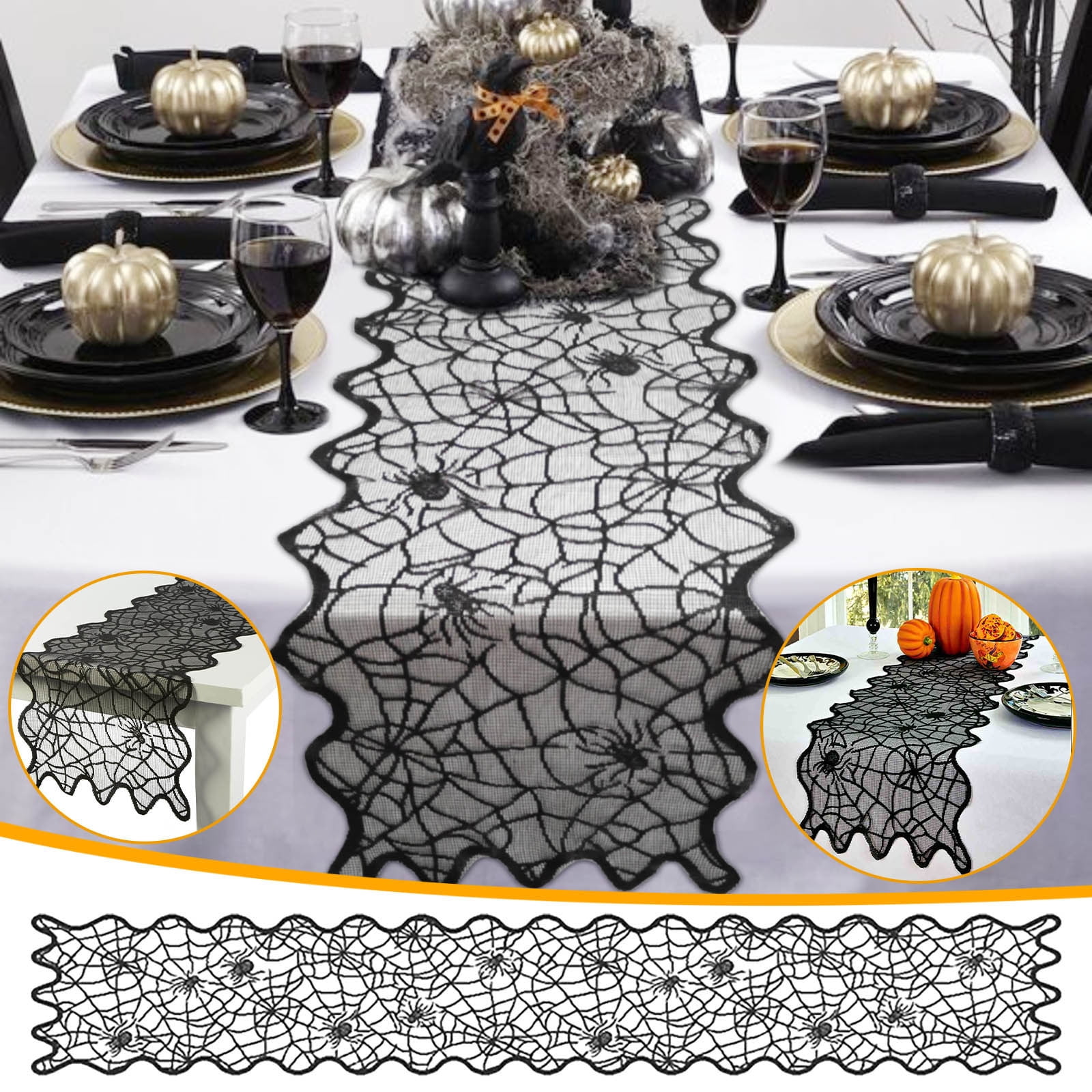 yulier Halloween Table Runner, Black Lace Spider Web Table Runner for ...