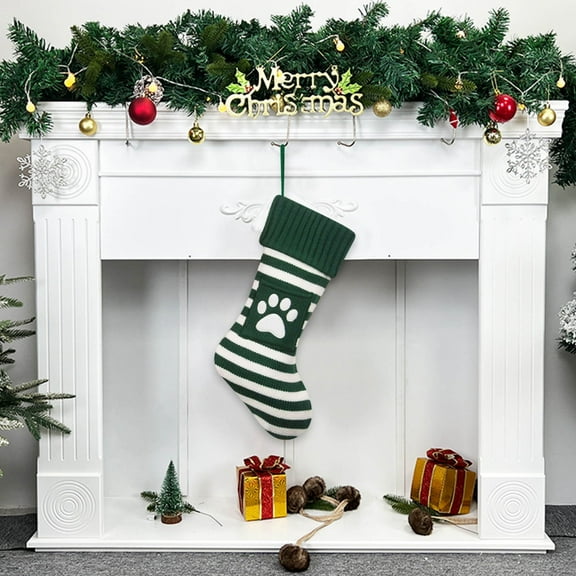 yulier Knitted Christmas Stocking Personalized Christmas Tree Dog Paw Snowflake Print Embroidered Christmas Stockings Fireplace Hanging Xmas Stockings