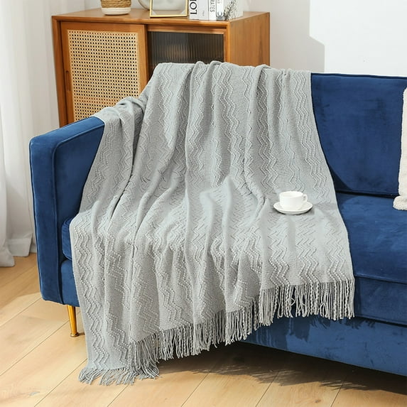 yulier Knitted Throw Blanket, Solid Color Tassel Blanket for Couch Sofa Bed, Soft Lightweight Breathable Summer Blanket, Living Room Home Decor Warm Woven Blanket, Gray