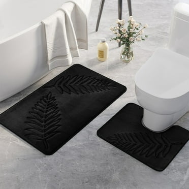 yulier Leaf Bathroom Rug Set 2 Piece, Soft Absorbent Bath Rug and U-Shaped Contour Toilet Rug, Non-Slip Bath Carpet, Washable Toilet Bath Mat, Black