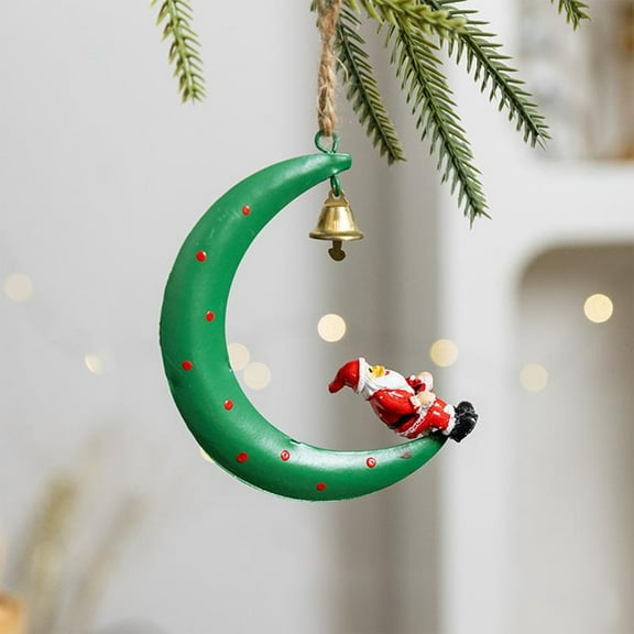 yulier Metal Christmas Ornaments Iron Moon Shape Hanging Ornaments with Cute Santa Claus Figurine and Mini Bell, Holiday Party Christmas Tree Xmas Wreath Decoration, 4.33" x 3.14"