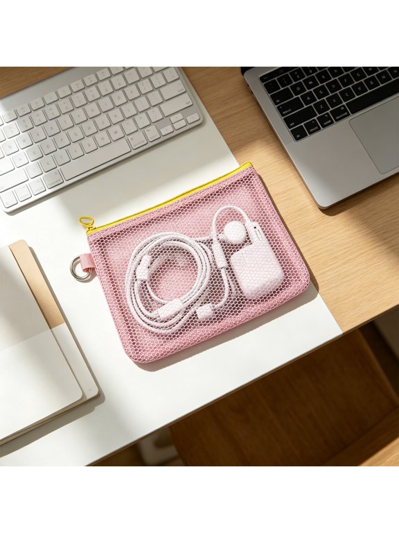 Mini Mesh Pouch, Small Storage Bag with Zipper, Lightweight Makeup Bag Cosmetic Bag Travel Toiletry Pouch, Travel Purse Organizer, 9.45" x 5.9", Pink