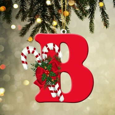 yulier Personalized Christmas 26 Initial Letter Ornaments, Christmas Tree Decoration 4 inch Red Acrylic Initial with Candy Cane, Monogram Shape Hanging Pendant Christmas Gifts for Kids