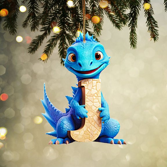 yulier Personalized Dinosaur Christmas Ornaments, 26 Initial Letter Cartoon Dinosaur Hanging Pendant Plastic Initial Monogram Christmas Tree Decoration with Hanging Rope Xmas Gifts for Kids