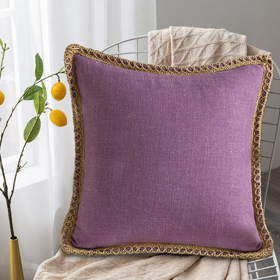 yulier Throw Pillow Covers, Farmhouse Modern Spring Decorative Linen Solid Color Trimmed Outdoor Couch Pillow Covers Cushion Covers for Sofa Living Room Patio, 18x18 inch, Purple