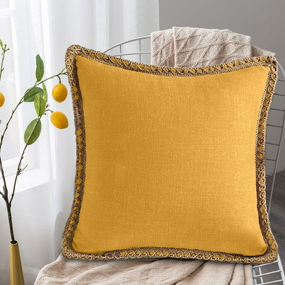 yulier Throw Pillow Covers, Farmhouse Modern Spring Decorative Linen Solid Color Trimmed Outdoor Couch Pillow Covers Cushion Covers for Sofa Living Room Patio, 18x18 inch, Yellow