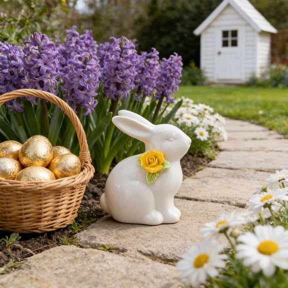 yulier White Ceramic Easter Bunny Figurine with Flower, Cute Rabbit Statue Tabletop Ornament for Indoor Home Office Table Shelf Decor, Spring Easter Decorations Birthday Gift