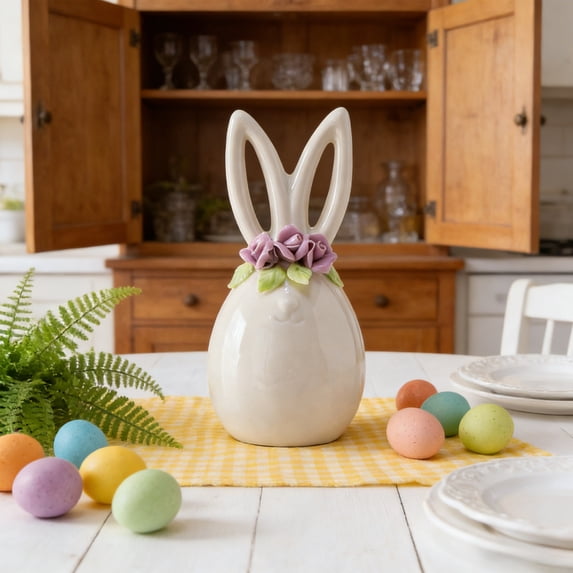 yulier White Ceramic Easter Bunny Figurine with Flower, Cute Rabbit Statue Tabletop Ornament for Indoor Home Office Table Shelf Decor, Spring Easter Decorations Birthday Gift