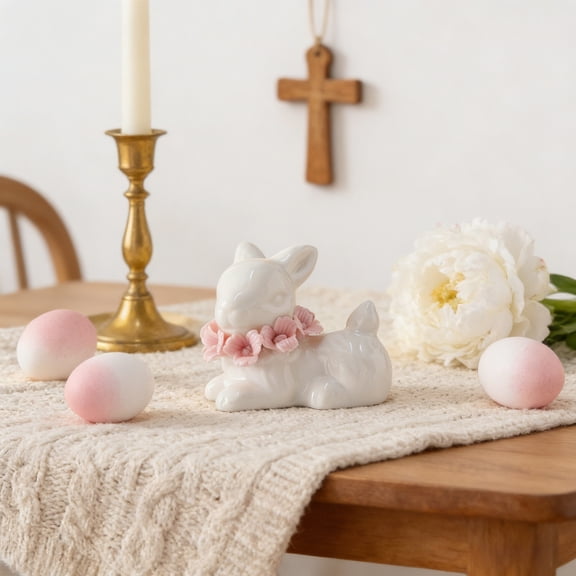 yulier White Ceramic Easter Bunny Figurine with Flower, Cute Rabbit Statue Tabletop Ornament for Indoor Home Office Table Shelf Decor, Spring Easter Decorations Birthday Gift