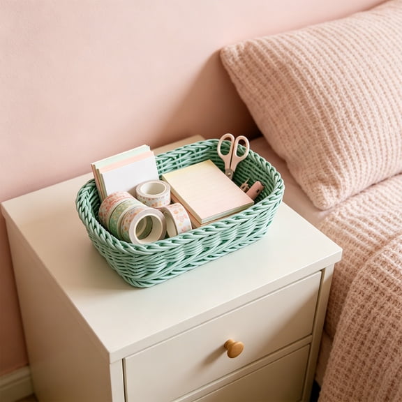 yulier Woven Plastic Storage Basket, Small Rectangular Organizer Tray for Bathroom Kitchen Office Desktop Shelf Drawer, 7.87"x5.5"x2.17", Green
